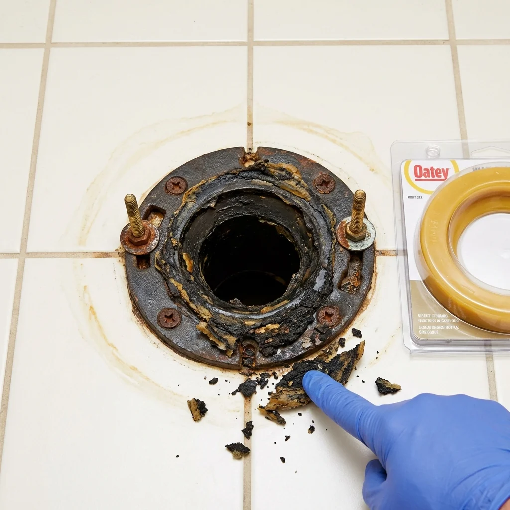 Failed wax ring showing water seepage at the base of a toilet in a Itasca, TX home