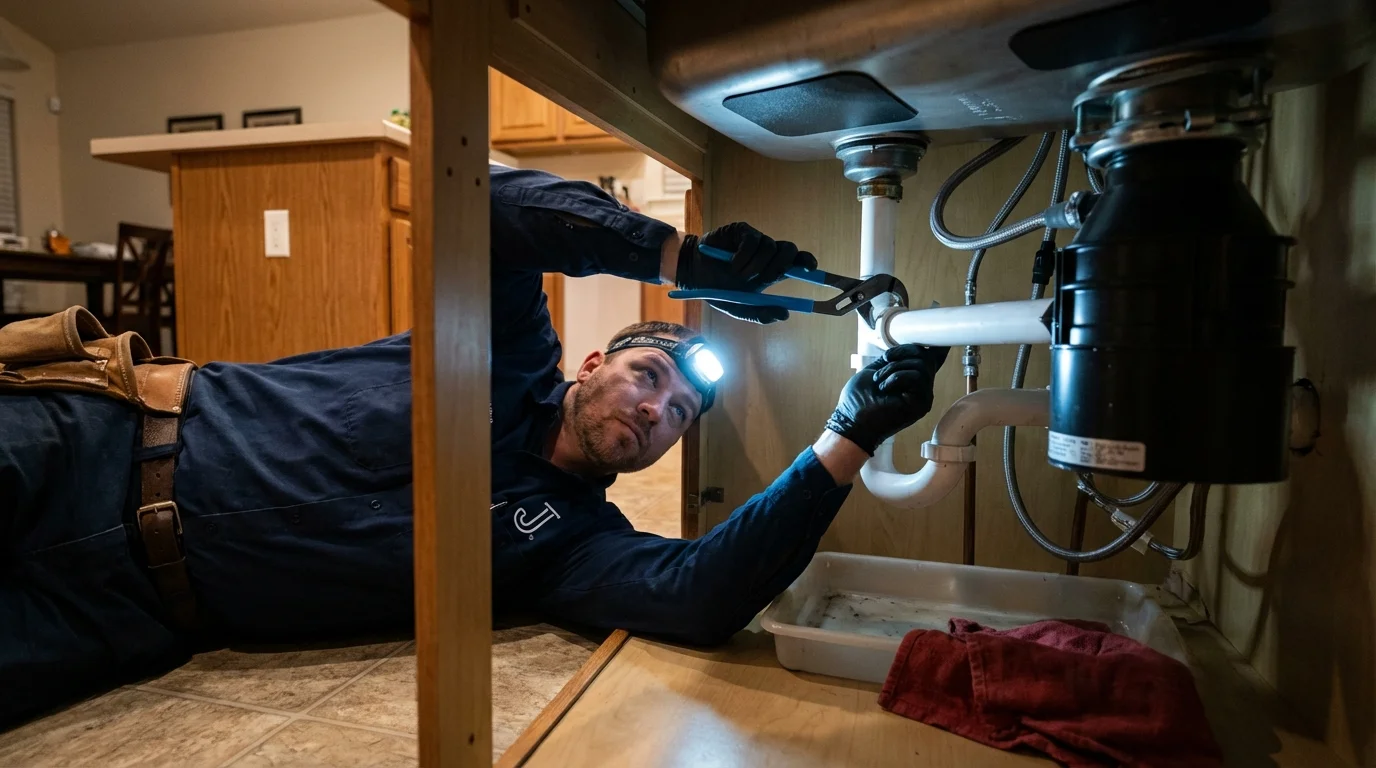 P-trap and supply line connections under a kitchen sink showing a common leak point in Itasca, TX